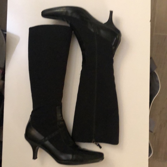 Prada Gabardine Black Tech Knee High Boots zipper Pointy Kitten Heel Size 38.5 - Picture 3 of 12